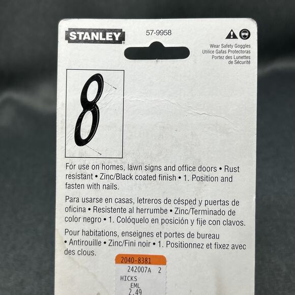 Vintage 2002 Stanley House Number 8 Black Finish 4" NOS 57-9958 USA Packaged - Picture 3 of 8